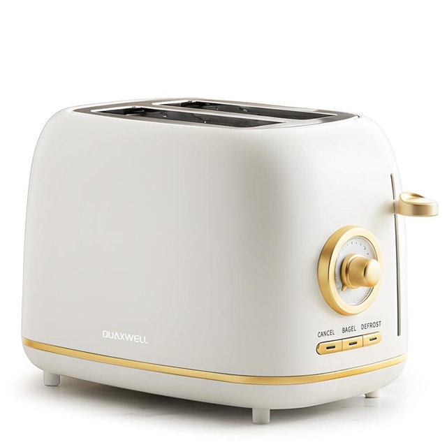 QUAXWELL 2-Slice Toaster, Wide Slots, 7 Bread Shade Settings, Stainless Steel, Bagel, Cancel, and Defrost Functions, Removable Crumb Tray, Retro Style Toaster,Matte White and Gold