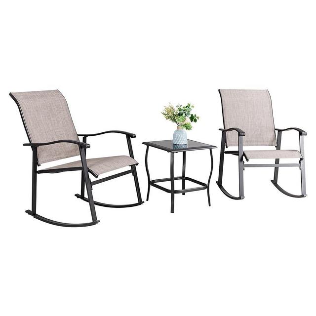 Vongrasig 3 Piece Outdoor Rocking Bistro Set, Textilene Fabric Small Patio Furniture Set, Front Porch Rocker Chairs Conversation Set with Glass Table for Lawn, Garden, Balcony, Poolside (Taupe)