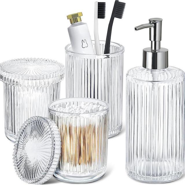 RYTOXILO Bathroom Accessories Set, 4 PCS Clear Glass Bath Accessory Sets, Complete Ribbed Soap Dispenser and Toothbrush Holder Set with 2 Qtip Holders, Modern Decor for Bathroom Counter Sink