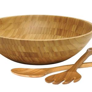 Lipper International 8204-3 Bamboo Wood Salad Bowl with 2 Server Utensils, Large, 14" Diameter x 4" Height, 3-Piece Set