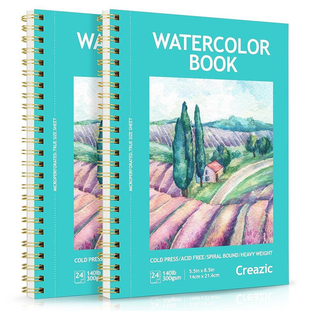 Creazic 2-Pack Watercolor Paper Pad, 5.5" x8.5” (140lb/300g), Spiral Bound with Tear Line. A Watercolor Journal and Sketchbook for Adults & Kids - Ideal for Smaller Sized Exercises or Travel