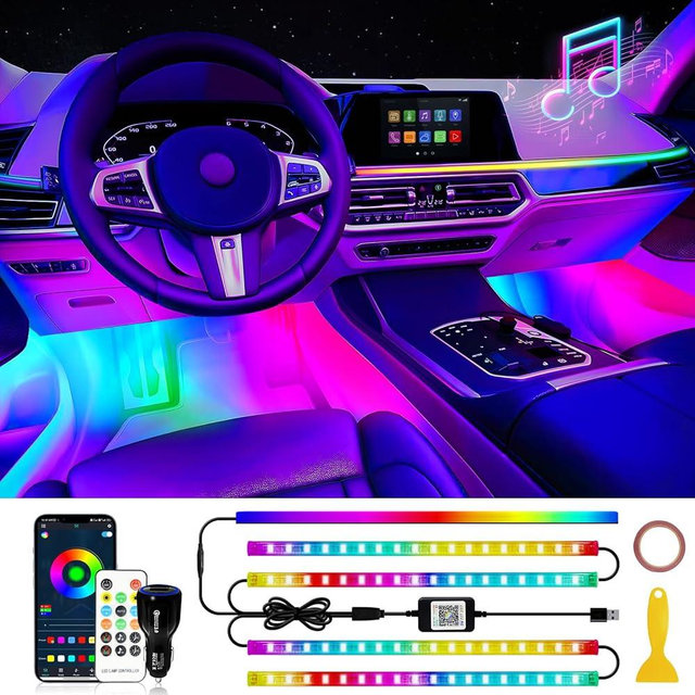 DUOFU365 Car Led Light Interior, RGB Dreamcolor Inside Car Light Music Sync, Under Dash Footwell automotive Strip Light, 12V Acrylic Strip Light for Vehicle, Truck,Jeep, SUV with Car Charger(1set)