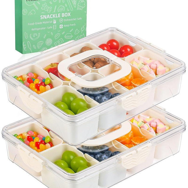 2 Pack Snackle Box Container - Dishwasher Safety Divided, Serving Tray with Lid and Handle - Charcuterie Board for Portable Snack Platters - Clear Organizer for Fruits Snacks,Perfect for Road Travel