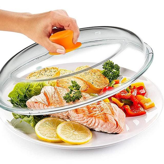 Bezrat Microwave Glass Plate Cover | Splatter Guard Lid with Easy Grip Silicone Handle Knob | 100% Food Grade | BPA Free and Dishwasher Safe | Fits Plates and Bowls 11 x 2 inches (Orange)