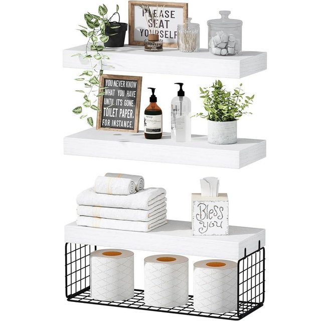 QEEIG Bathroom Shelves Over Toilet - Wall Mounted Floating Shelves Farmhouse Shelf Toilet Paper Storage Small 16 inch Set of 3, Black and White (019-WB3)