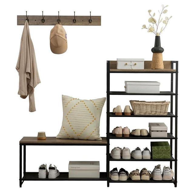 SUNTAGE 6-Tier Coat Rack Shoe Bench Set, Entryway Bench with 6 Hooks Coat Rack, Hall Tree with Bench and Shoe Storage for Entryway, Hallway, Garage, Bedroom (Vintage Grey)