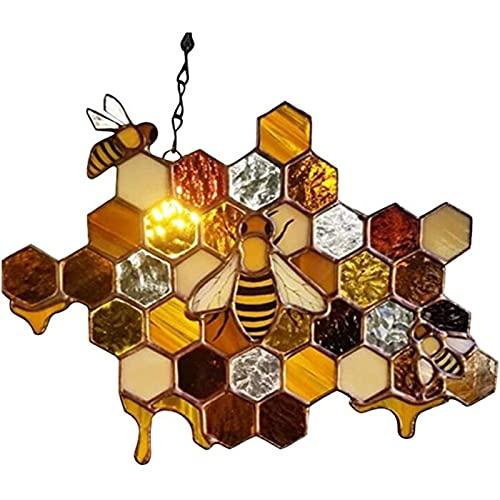 xinxinchaoshi Garden Ornaments Bee Honeycomb Window Stained Glass Ornament Happy Bee's Day Sign Hanging Sign Bee Garden Hanging Decor Accessories Garden Statue