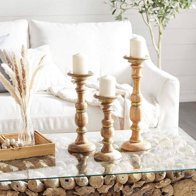 Deco 79 46761 Set of 3 Turned Column Wood Candlesticks, Brown, Medium