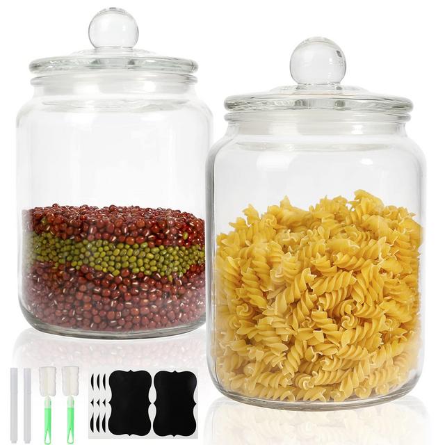 2 Pcs 1/2 Gallon 64oz Glass Storage Jars, Glass Canister with Airtight Lids, Food Storage Container with 8 Chalkboard Labels, 2 Brushes, 2 Pens for Home Kitchen Storage