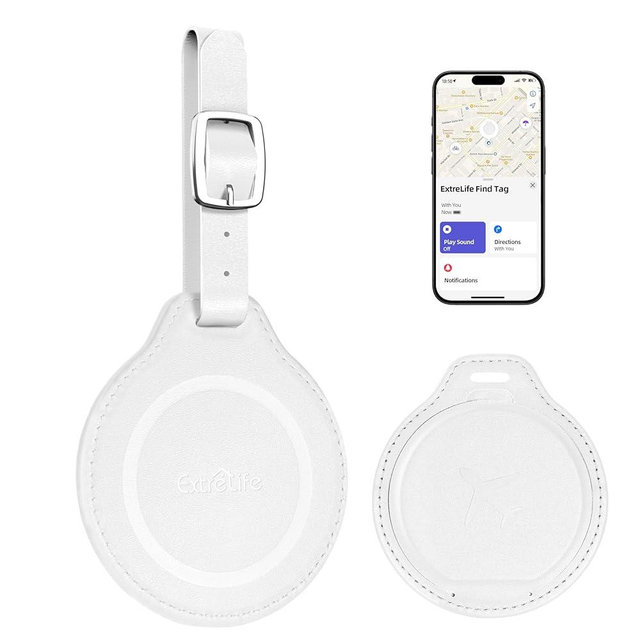 Luggage Tags, Work with Apple Find My, Leather Luggage Tags for Suitcases, Travel Accessories Must Haves Anti-Lost, Bluetooth Luggage Tracker for Suitcases, Kids and More, Rechargeable, White