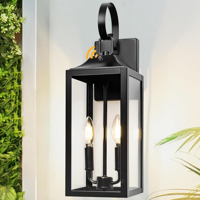 Yolsunes Black Dusk to Dawn Outdoor Wall Lantern 2-Light, 19" Large Outside Modern Wall Sconce Light Fixture, Industrial Porch Light Wall Mount with Glass, Waterproof Farmhouse Exterior Lamp Lighting