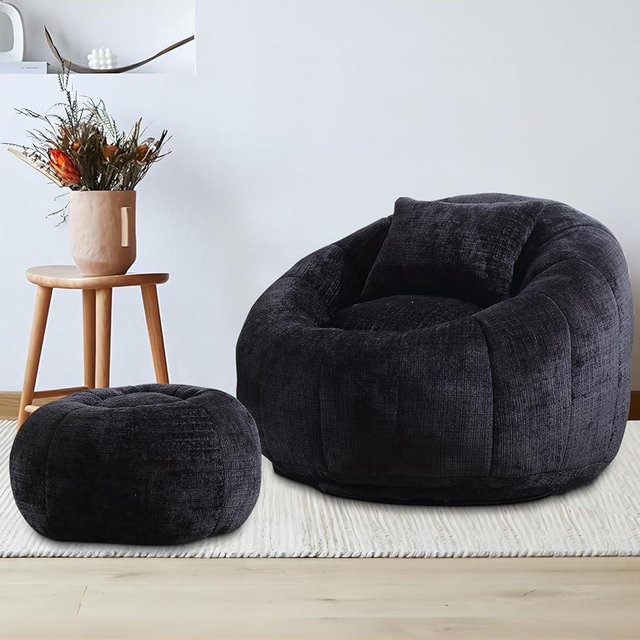 Luteren Modern Giant Bean Bag Chair, Comfy Chenille Bean Bag Couch with Ottoman for Adults, Large Lazy Sofa Accent Chair with Filler & Pillow for Living Room, Bedroom, Office, Black