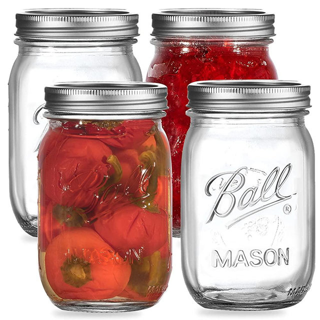 Regular Mouth Mason Jars 16 oz. (4 Pack) - Pint Size Jars with Airtight Lids and Bands for Canning, Fermenting, Pickling, Meal Prep, or DIY Decors and Projects Bundled with Jar Opener