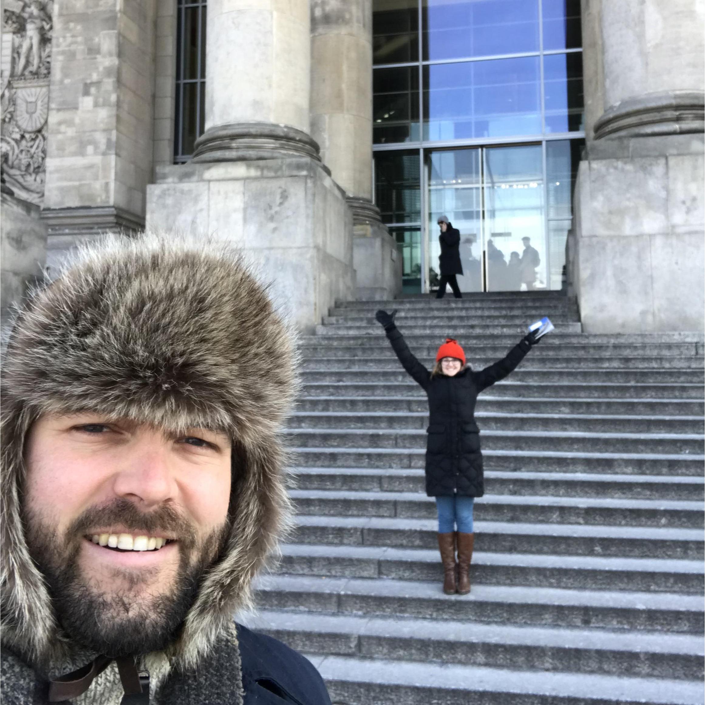 The couple visits the Reichstag (German capital building) in Berlin.