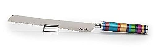 Yair Emanuel Challah Knife Metal Handle with Multi Color Rings Design Cutting Knife - Serrated Bread Knife 13 Inch - Ultra-Sharp Bread Cutter