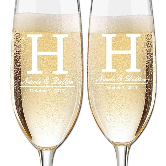 Custom Wedding Champagne Flutes - Set of 2 Toasting Flutes | Large Monogram Initial with Names and Wedding Date | Personalized Wedding Glasses for Bride and Groom | Customized Engraved Wedding Gift