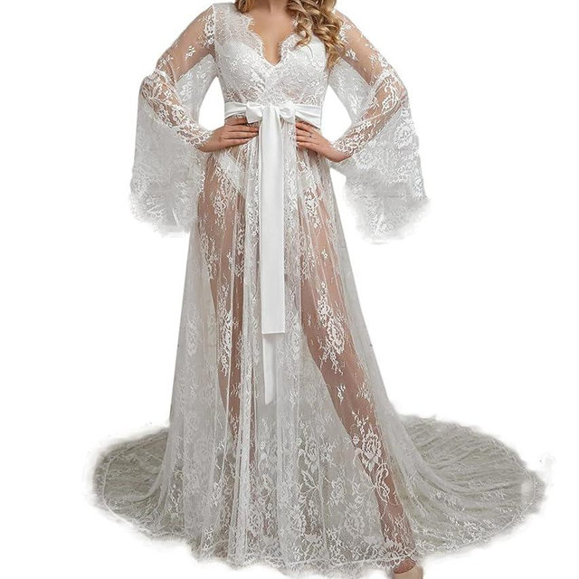BATHGOWN Sexy Bridal Lace Robe Women's Perspective Long Wedding Belted for Photoshoot