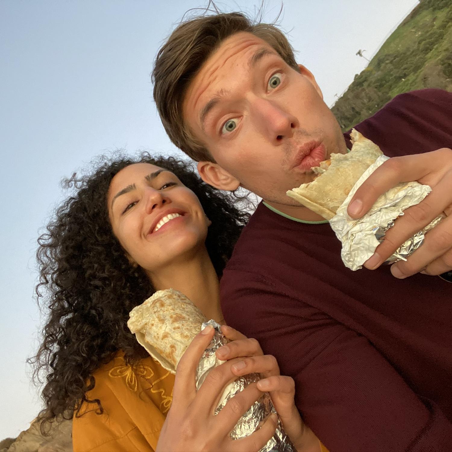 Enjoying Joe’s second love, a La Posta burrito at the beach.