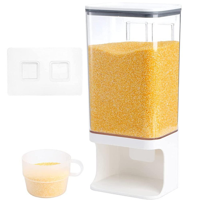 AVLA Rice Dispenser, Wall-Mounted Laundry Detergent Container, Cereal Dry Food Storage Bucket with Measuring Cup, Kitchen Grain Organizer with Lid, BPA-Free, for Beans, Laundry Scent Beads, Pet Food