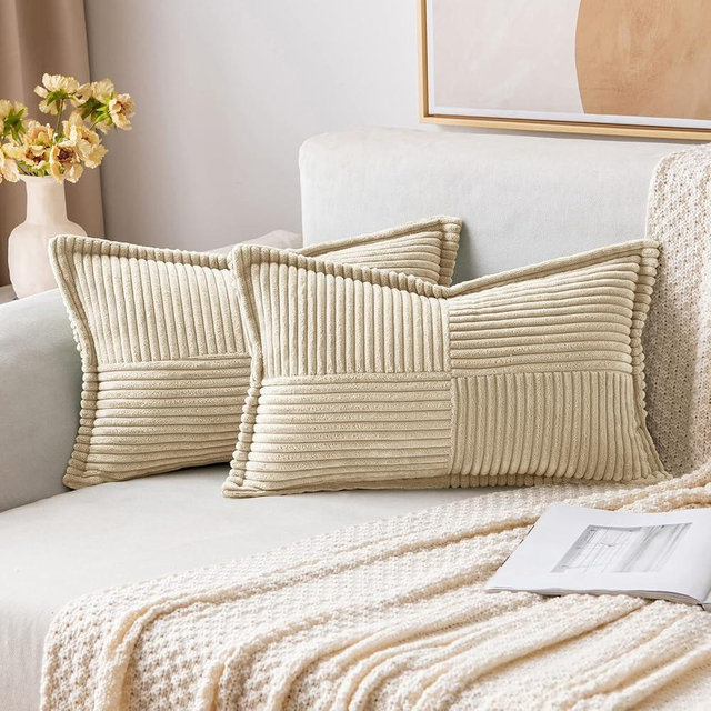 MIULEE Cream Corduroy Pillow Covers with Splicing Set of 2 Super Soft Couch Pillow Covers Broadside Striped Decorative Textured Throw Pillows for Spring Cushion Bed Livingroom 12x20 inch