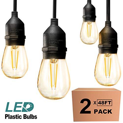 addlon 2 Pack 48ft LED Outdoor String Lights Hanging Edison Plastic Bulbs Commercial Grade Dimmable Patio Café Light, UL Listed Weatherproof Strand 15 Hanging Sockets for Market Bistro Garden Backyard