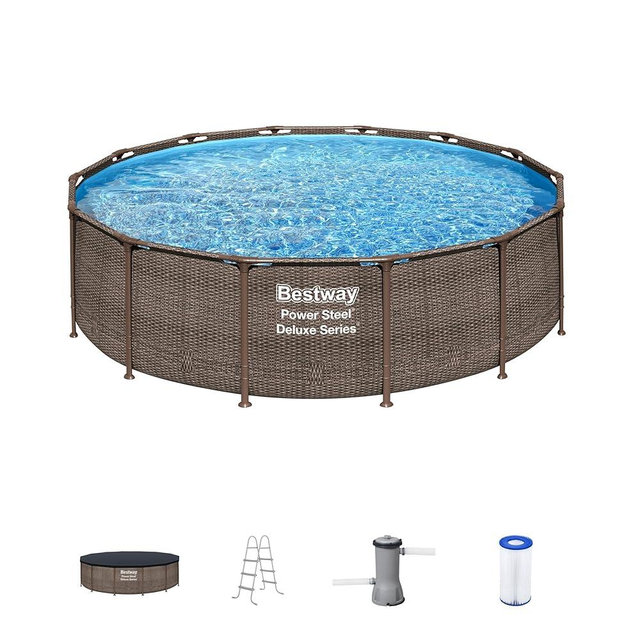 Bestway Power Steel 14’ x 42” Round Above Ground Outdoor Backyard Swimming Pool Set with 1,000 GPH Filter Pump, Ladder, and Pool Cover
