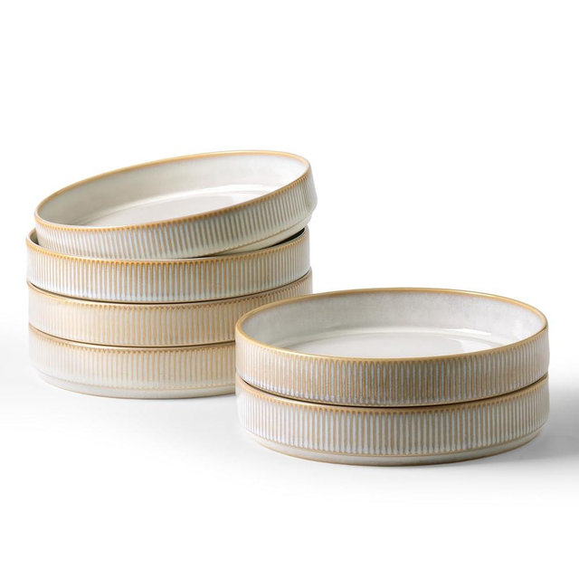 famiware Star 8.25" Pasta Bowls, Large Dinner Bowls Set of 6, Salad Bowl Plates, Shallow Bowls for Eating, Cappuccino White
