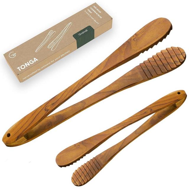 Teak Wood Tongs for Cooking & Salad Serving (9" & 12", Set of 2) | Wooden Tongs for Food, Bacon, BBQ, Charcuterie, Kitchen | Non Stick & Scratch