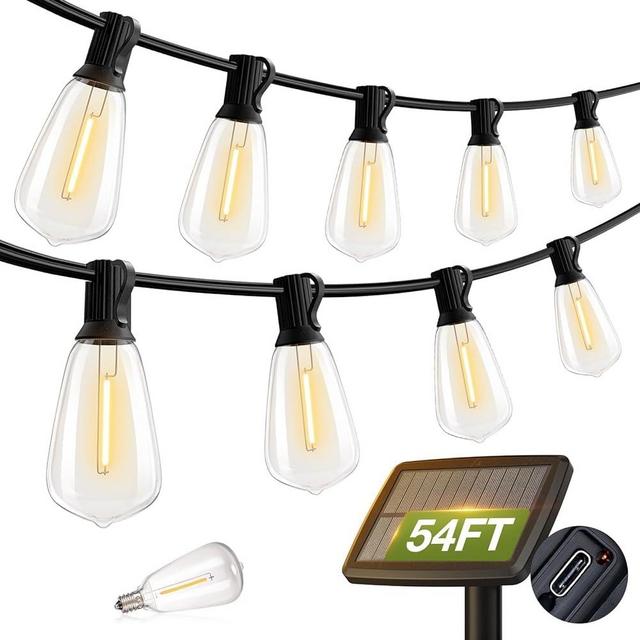 addlon 54(48+6) FT Solar String Lights Waterproof,Patio Lights Solar Powered with USB Port & 3 Lighting Modes 15+1 LED Shatterproof Bulbs Outdoor Lights for Camping Backyard Garden