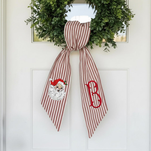 Personalized Santa Wreath Sash - Monogrammed Red Ticking Stripe Door Sash | Farmhouse Christmas Decor Gift