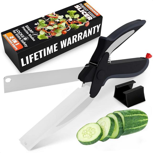 Cutting Board Scissors - 2 In 1 Kitchen Scissors with Cutting Board Knife Combo with Safety Lock and Storage Holder, Sharp Stainless Steel Blade, Dishwasher Safe - For Slicing Vegetables and Fruits
