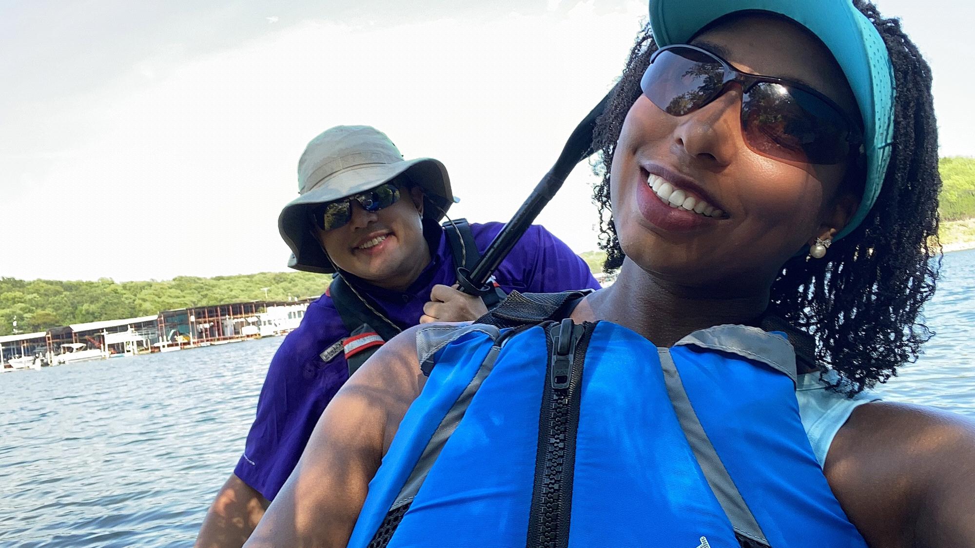 Kristin and Trung love to spend their weekends on the lake, Kayaking.