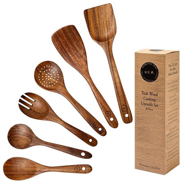 Wooden Spoons for Cooking Set of 6 Comfort Grip Wooden Utensils for Cooking Natural Teak Wooden Kitchen Utensils Set Non Stick Wooden Spoons Wooden Cooking Utensils Premium Quality Housewarming Gifts