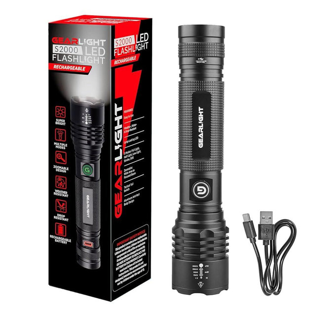 GearLight S2000 LED Rechargeable Flashlight High Lumens - Super Bright, Powerful, Mid-Size Tactical Flashlight for Outdoor Activity & Emergency Use