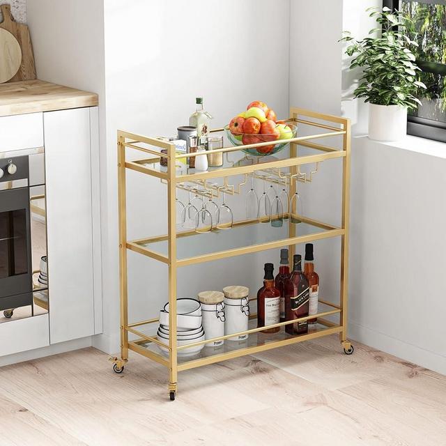LORMITER Glass Gold Bar Carts for Home with Hanging Wine Rack - Home Bar Serving Cart with 3 Mirrored Shelves, Kitchen Bar Carts, Wine Cart for Entertaining, Club Party.