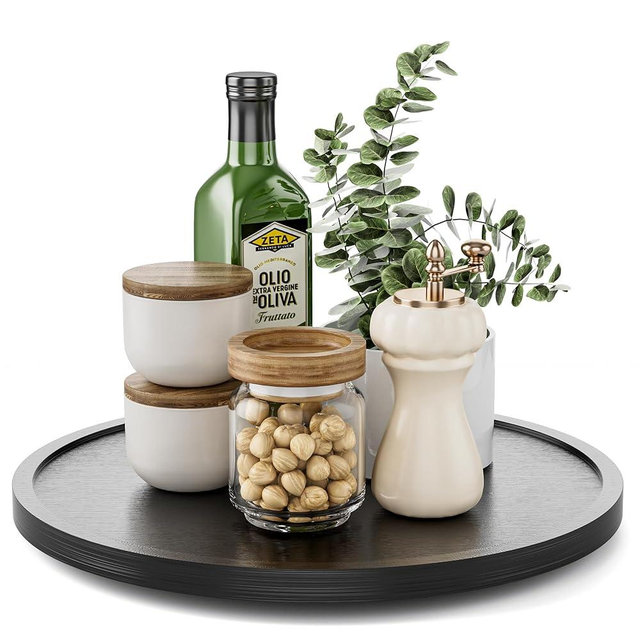 LAMU 10'' Wood Lazy Susan Organizer Turntable for Cabinet, Lazy Susan for Table Top, Pantry, Kitchen, Bathroom, Countertop, Rotating Spice Organizer, Vanity Decor Tray, Pine Wood, Black