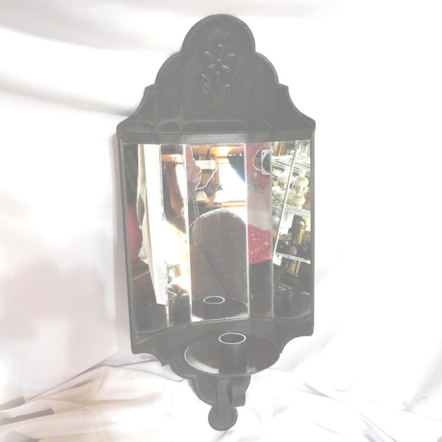 Vintage Metal Mirror Sconce Candleholder Home Decor Embossed Flower