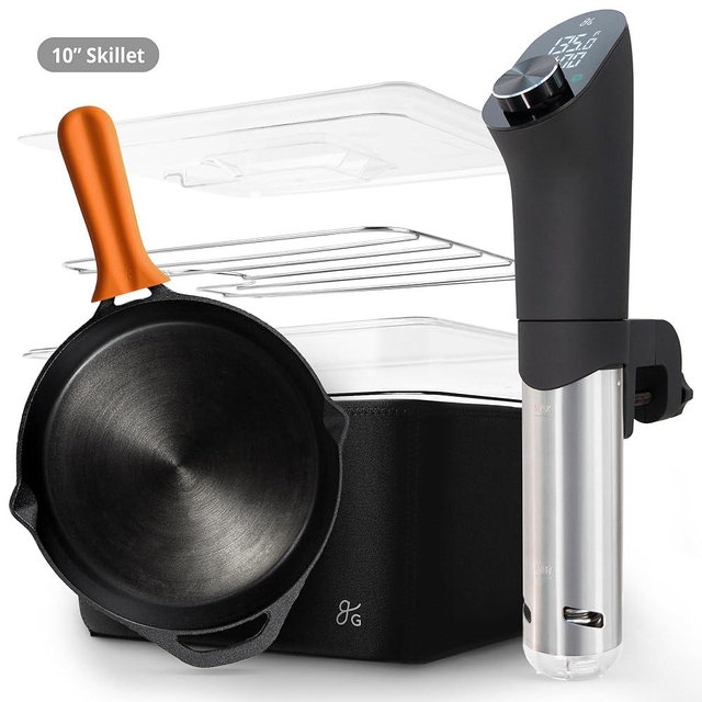 Greater Goods Sous Vide Cooker and Container (Onyx Black), 10 inch Cast Iron Skillet, and Silicone Handle (Pumpkin Orange))