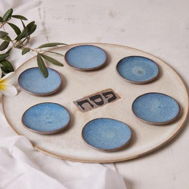 Handmade Ceramic Large Seder Plate, Jewish Holiday Gift, Passover Gift, Cream and Blue Gift for Jewish Wedding, Judaica Gift, Made in Israel