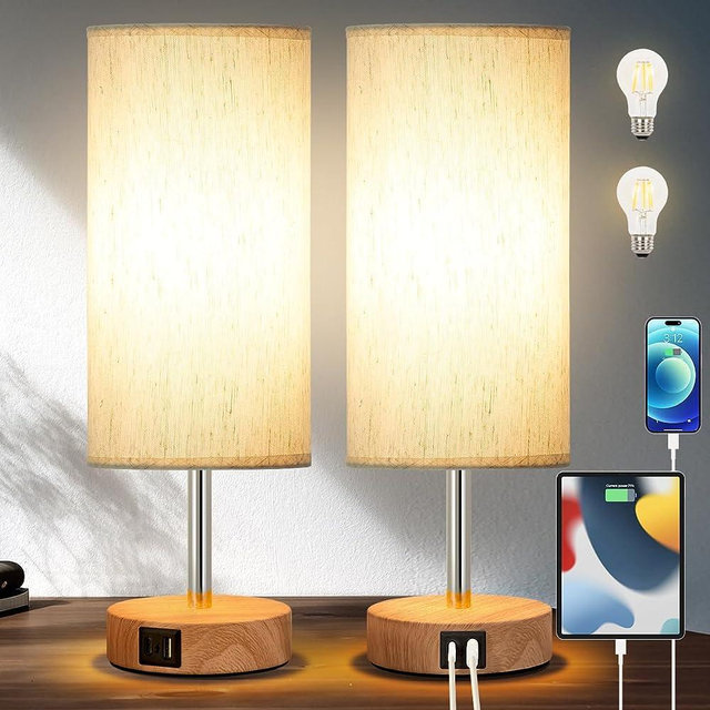 Bedside Lamp with USB A+C Charging Ports Set of Two - Touch Control Table Lamp for Bedroom Wood 3 Way Dimmable Nightstand Lamp with Round Flaxen Fabric Shade for Home Office (LED Bulb Included)