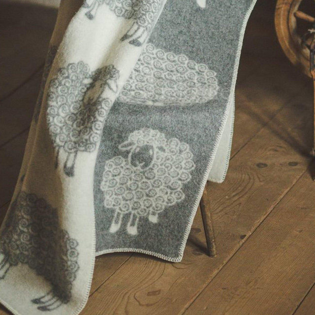 Wool Blanket Throw - Gray and White with Curly Sheep Pattern, (51x79 inches / 130x200 cm), Double-Sided, 100% Organic Pure Wool Blanket
