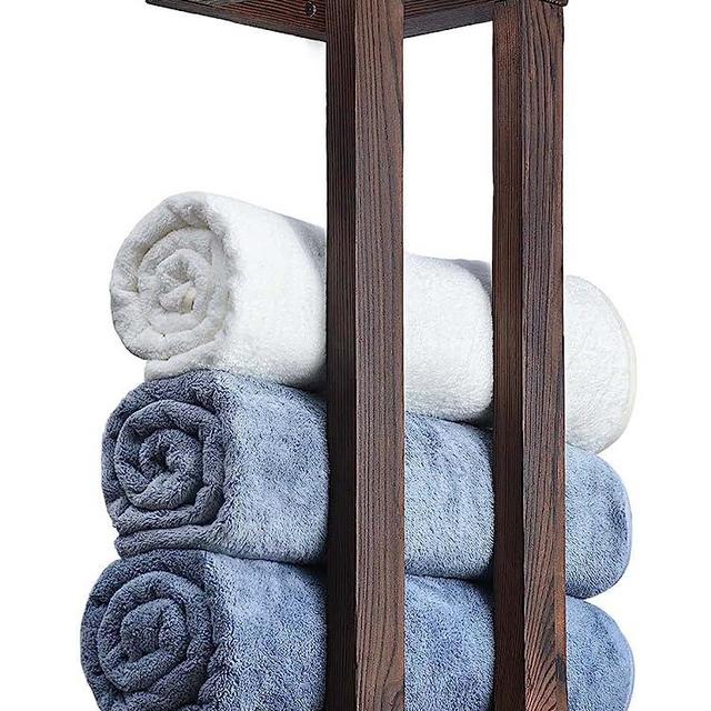 HULISEN Wooden Towel Rack for Bathroom, 18.8 Inch Wall Mounted Towel Holder with Installation Tool, Decorative Pine Towel Shelf for Rolled Towels Organizer & Blanket Storage (Brown)