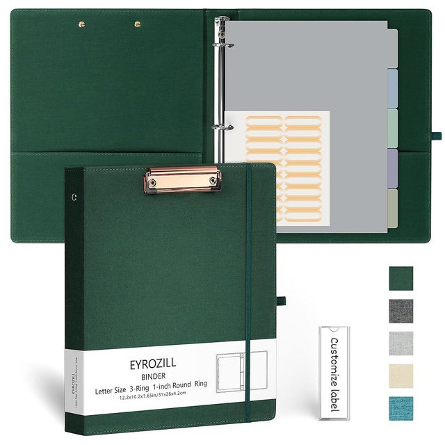 EYROZILL 3 Ring Binder, 1 Inch Linen Binder Organizer for Letter Size (8.5" x 11") with 5 Tab Dividers, File Folder Labels and Low Profile Clipboards, School and Office Supplies-Blackish Green