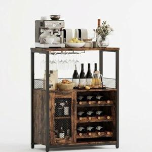 3-Tier Wine Bar Cabinet – LED Lights, Adjustable Storage, Mesh Door, Glass Holder, Small Liquor & Coffee Sideboard for Home, Kitchen, Dining Room, Rustic Brown, Vintage Color with Light