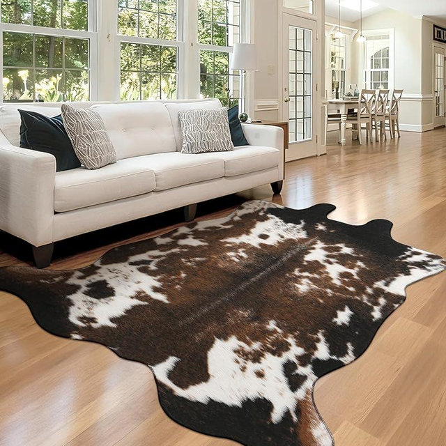 WMT NVMTER Faux Cowhide Rug, Fluffy Fur 4.6x5.2 Feet Washable Cow Print Rug for Living Room Bedroom Animal Print Hide Skin Rustic Western Décor Black and Brown