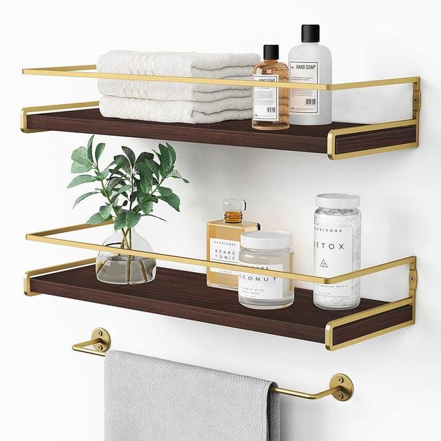 Floating Shelves Bathroom Shelves Over Toilet Set of 2, Bathroom Wall Shelves with Towel Bar, Wall Mounted Vanity Shelf for Bedroom, Kids Room, Kitchen (Brown & Gold)