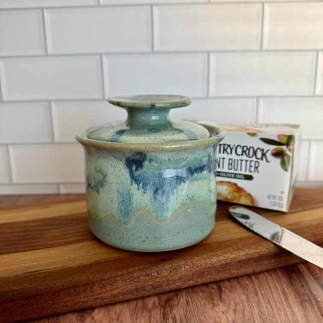 Handmade Stoneware French Butter Keeper in Green Splash
