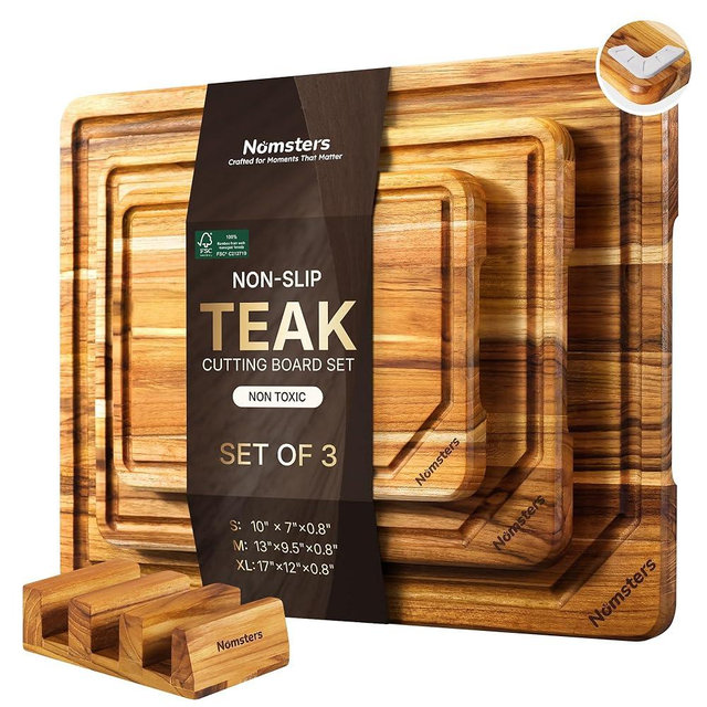 3 Pack Teak Wood Cutting Board Set for Kitchen Charcuterie Board Serving Heavy Duty Non Toxic Slip Hardwood Over Sink Solid Thick Haus Wooden Chopping Board Large Big Small Meat Best Essential Gift