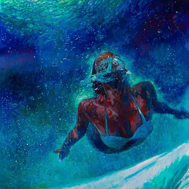 Swimmer Art Print rising up expressionistic painting of swimmer in beautiful blue water