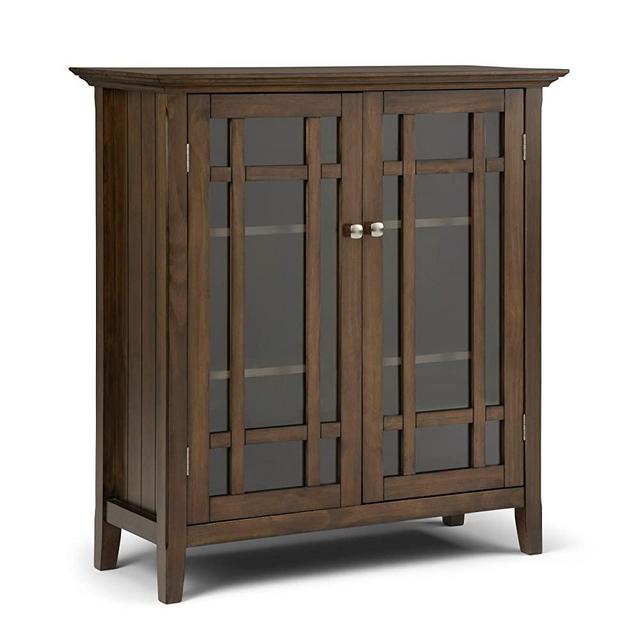 SIMPLIHOME Bedford SOLID WOOD 39 inch Wide Transitional Medium Storage Cabinet in Transitional Natural Aged Brown, with 2 Tempered Glass Doors, 4 Adjustable Shelves